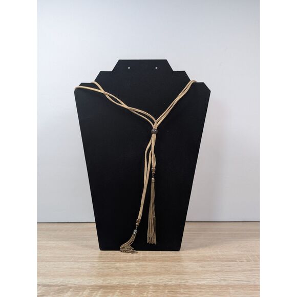 31” Boho Tassel Necklace – Long Beige Suede Cord with Beads & Gold Tone Fringe - Picture 1 of 1